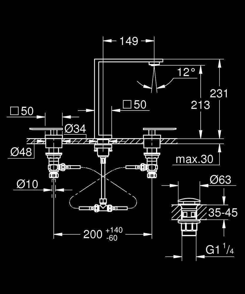 GROHE Allure Gravity Baterie lavoar cu 3 elemente 1/2" Mărimea M - desen tehnic cu cote
