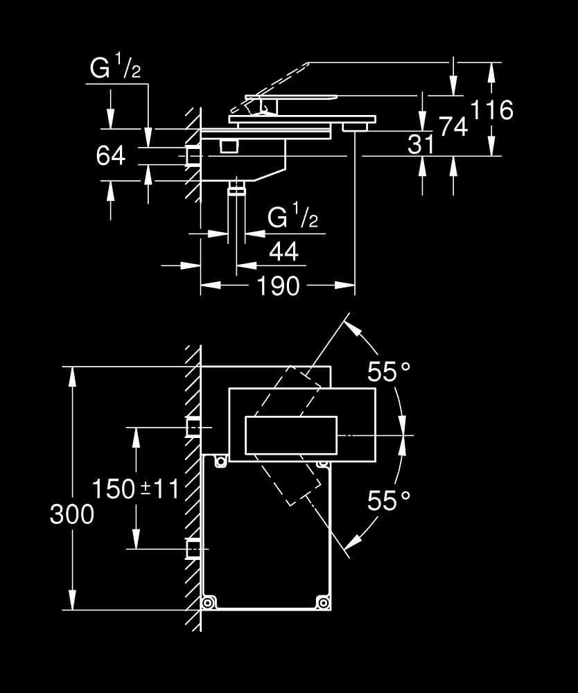 GROHE Allure Gravity Baterie cadă monocomandă 1/2", aparentă - desen tehnic cu cote