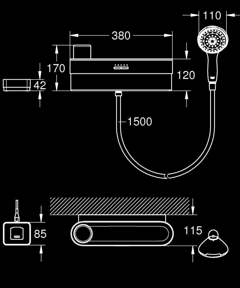 GROHE Purefoam Set de început pentru duș - desen tehnic cu cote