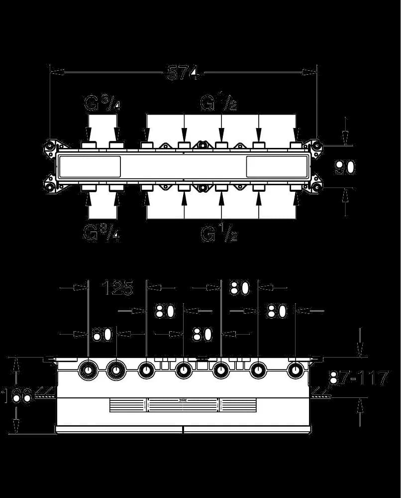 GROHE Grohtherm Aqua Tiles Corp încastrat pentru termostat, cu 5 robinete - desen tehnic cu cote