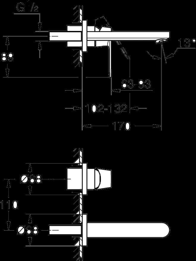 GROHE Eurosmart Cosmopolitan Baterie lavoar cu 2 găuri Mărimea S - desen tehnic cu cote