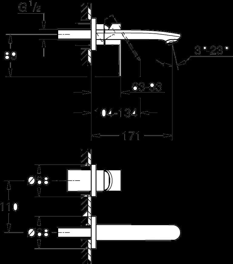 GROHE Eurostyle Cosmopolitan Baterie lavoar cu 2 găuri Mărimea S - desen tehnic cu cote