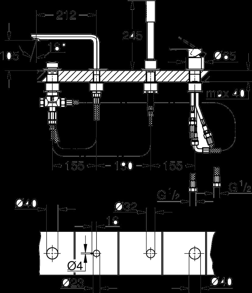 GROHE Lineare Baterie cadă monocomandă cu 4 găuri - desen tehnic cu cote
