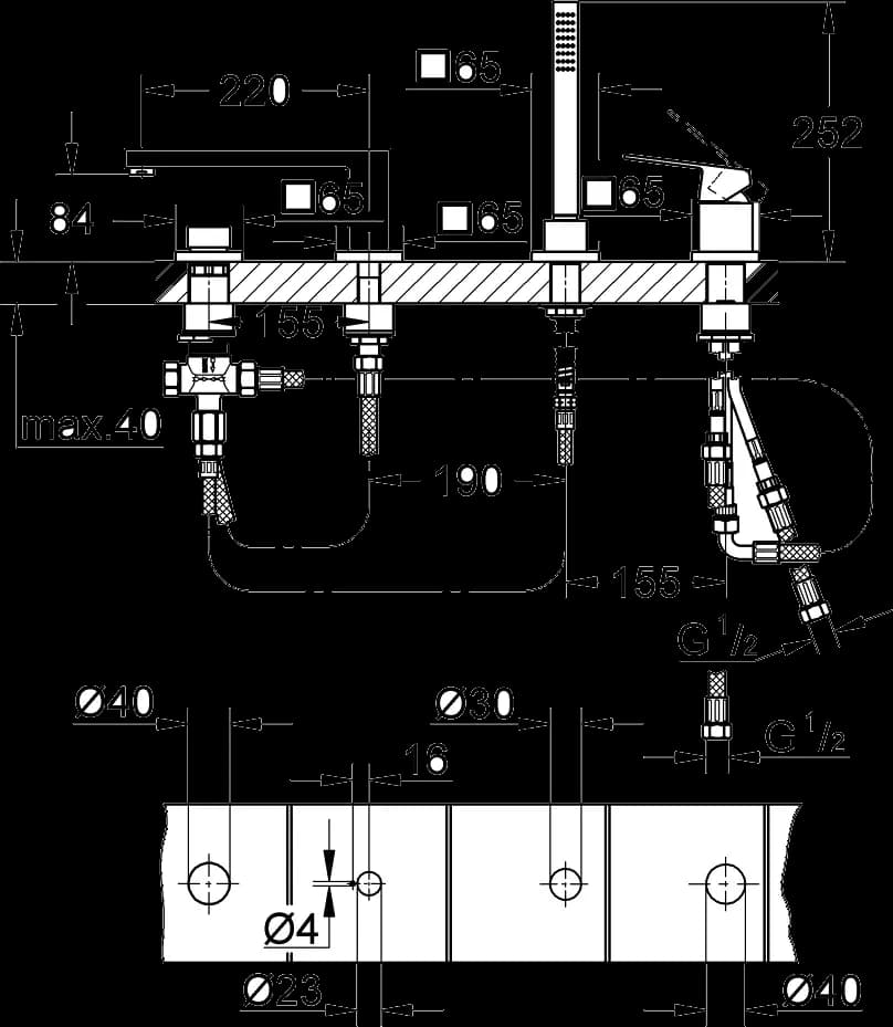 GROHE Eurocube Baterie cadă monocomandă cu 4 găuri - desen tehnic cu cote