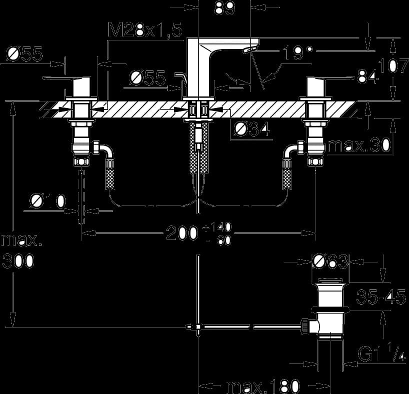 GROHE Eurosmart Cosmopolitan Baterie lavoar cu 3 elemente 1/2" Mărimea S - desen tehnic cu cote