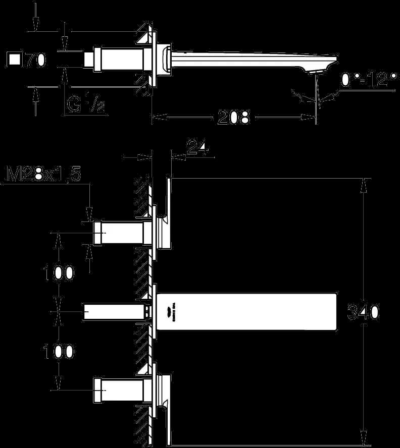 GROHE Allure Baterie lavoar cu 3 elemente 1/2" Mărimea M - desen tehnic cu cote