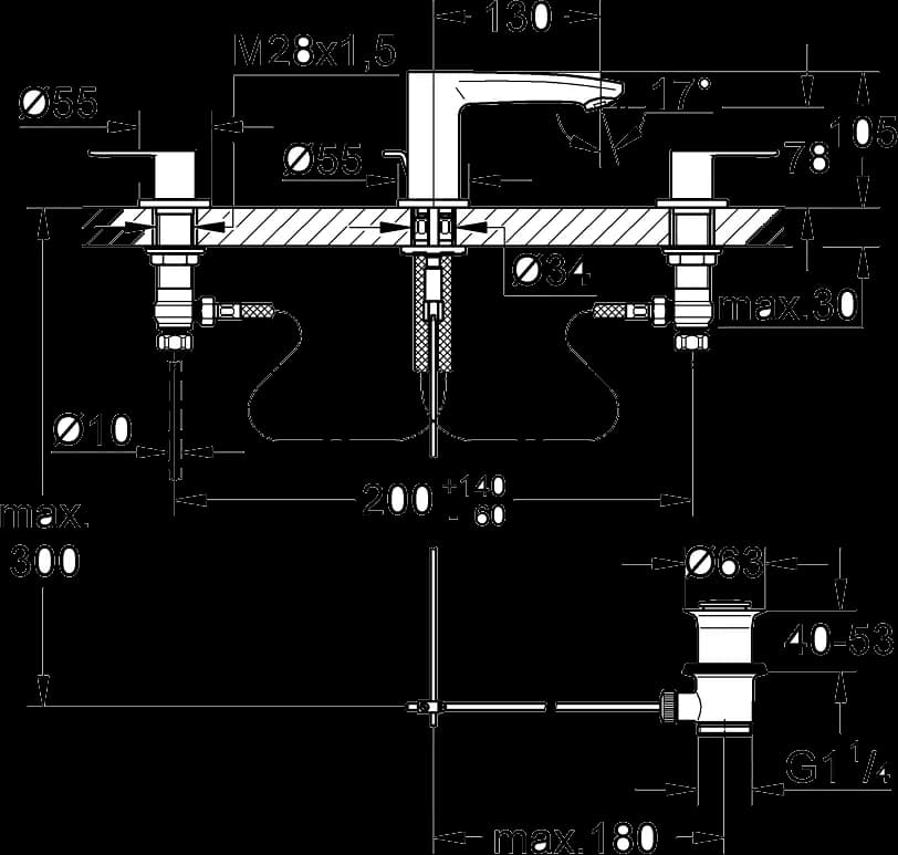 GROHE Eurostyle Cosmopolitan Baterie lavoar cu 3 găuri Mărimea S - desen tehnic cu cote