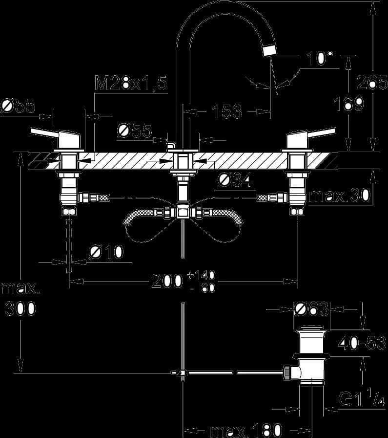 GROHE Concetto Baterie lavoar cu 3 găuri 1/2" Mărimea L - desen tehnic cu cote