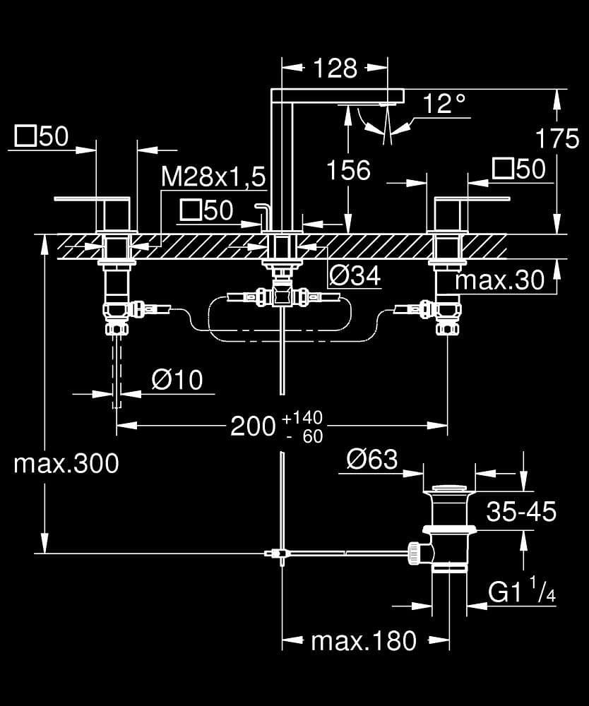 GROHE Plus Baterie lavoar cu 3 elemente 1/2" Mărimea M - desen tehnic cu cote