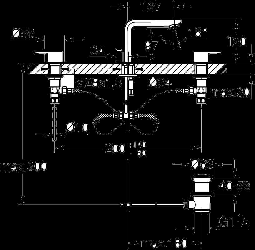 GROHE Lineare Baterie lavoar cu 3 elemente 1/2" Mărimea M - desen tehnic cu cote