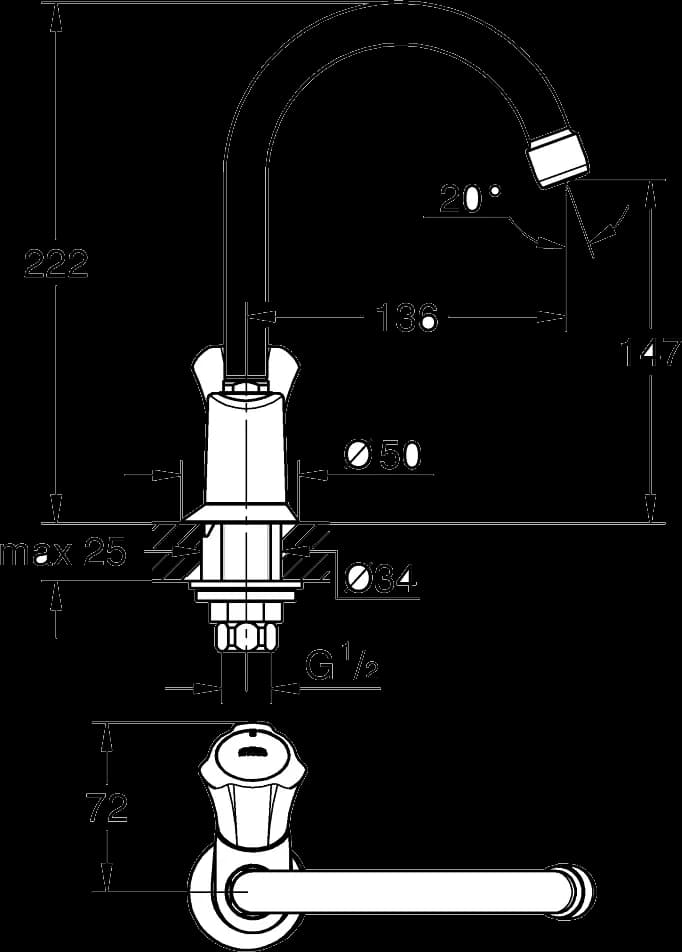 GROHE Costa L Ventil stativ 1/2" - desen tehnic cu cote