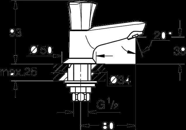 GROHE Costa L Ventil stativ 1/2" - desen tehnic cu cote