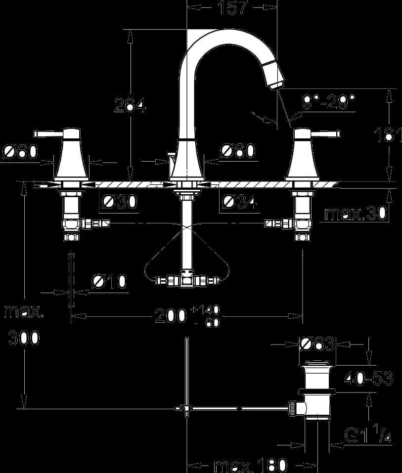 GROHE Grandera Baterie lavoar cu 3 găuri 1/2" Mărimea L - desen tehnic cu cote
