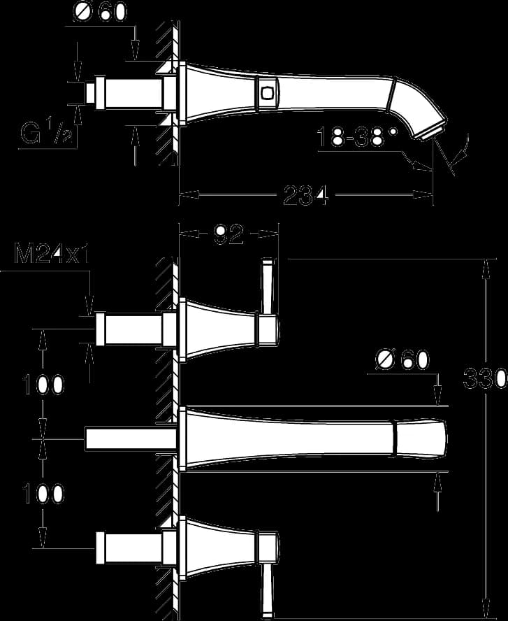 GROHE Grandera Baterie lavoar cu 3 găuri 1/2" Mărimea L - desen tehnic cu cote