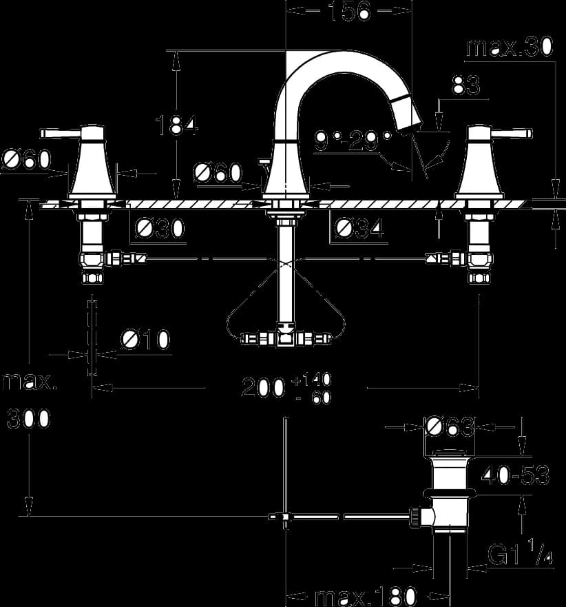 GROHE Grandera Baterie lavoar cu 3 elemente 1/2" Mărimea M - desen tehnic cu cote