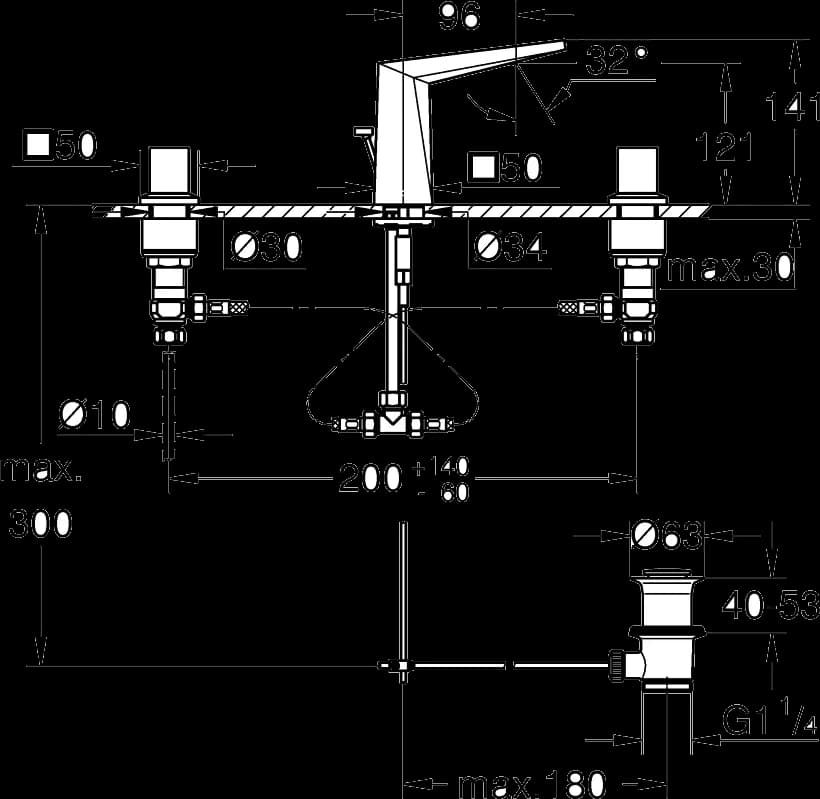 GROHE Allure Brilliant Baterie lavoar cu 3 elemente 1/2" Mărimea M - desen tehnic cu cote