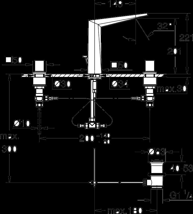 GROHE Allure Brilliant Baterie lavoar cu 3 găuri 1/2" Mărimea L - desen tehnic cu cote