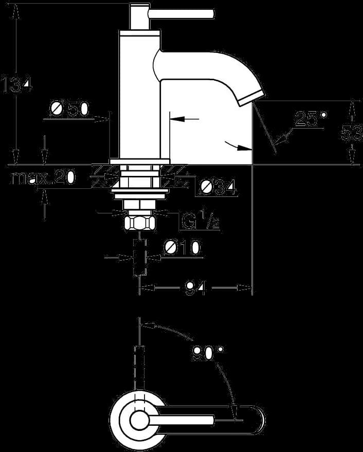 GROHE Atrio Ventil stativ 1/2" - desen tehnic cu cote