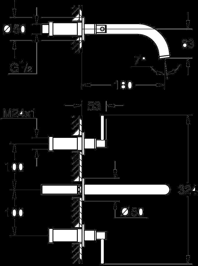 GROHE Atrio Baterie lavoar cu 3 elemente 1/2" Mărimea M - desen tehnic cu cote