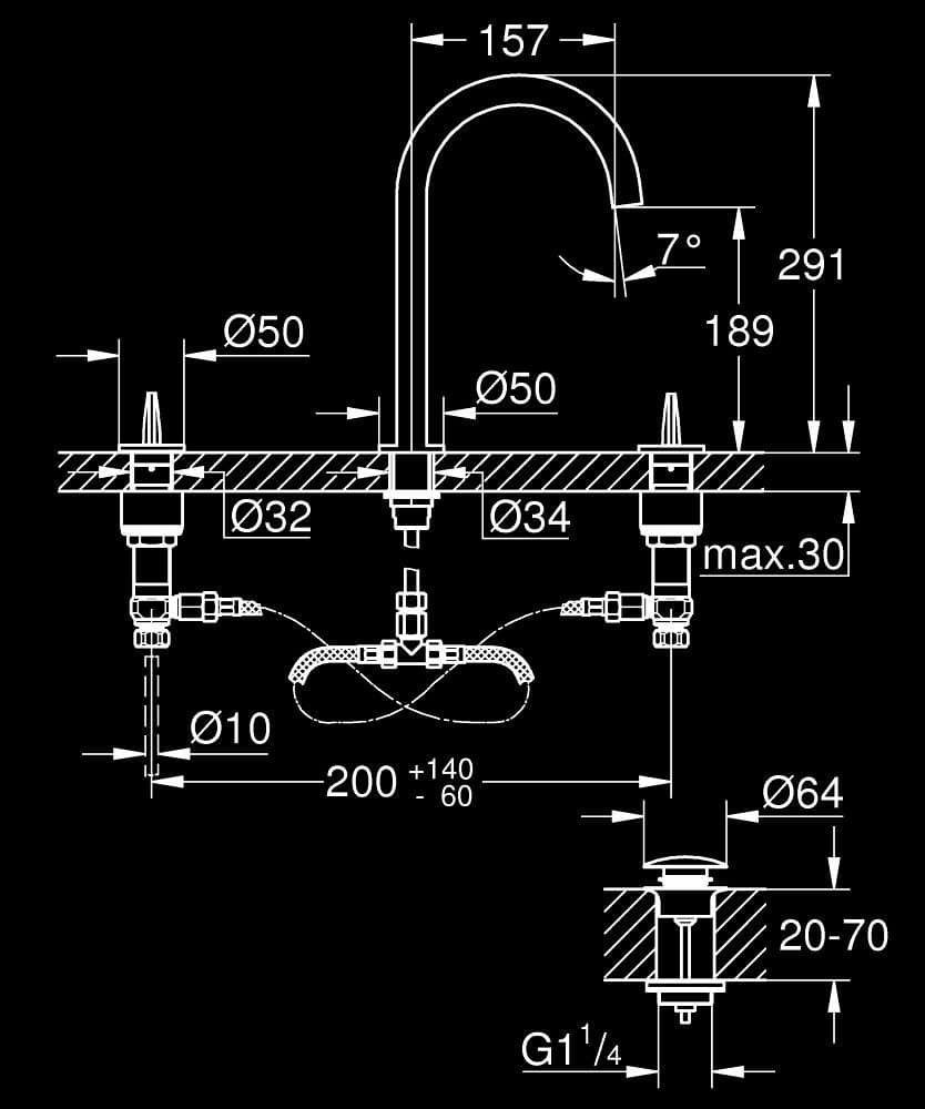 GROHE Atrio Icon 3D 3 Baterie lavoar cu 3 găuri, montaj pe blat - desen tehnic cu cote