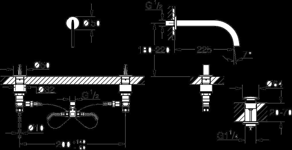 GROHE Atrio Icon 3D 3 Baterie lavoar cu 3 găuri, montaj pe perete - desen tehnic cu cote