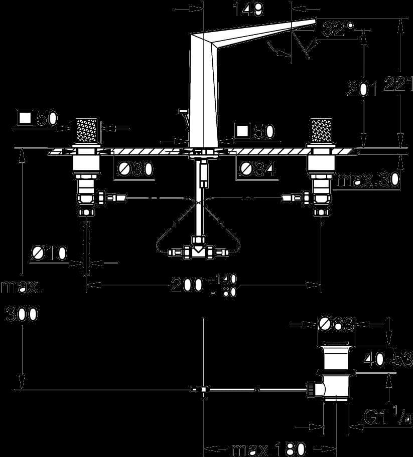 GROHE Allure Brilliant Private Collection Baterie lavoar cu 3 găuri 1/2" Mărimea L - desen tehnic cu cote