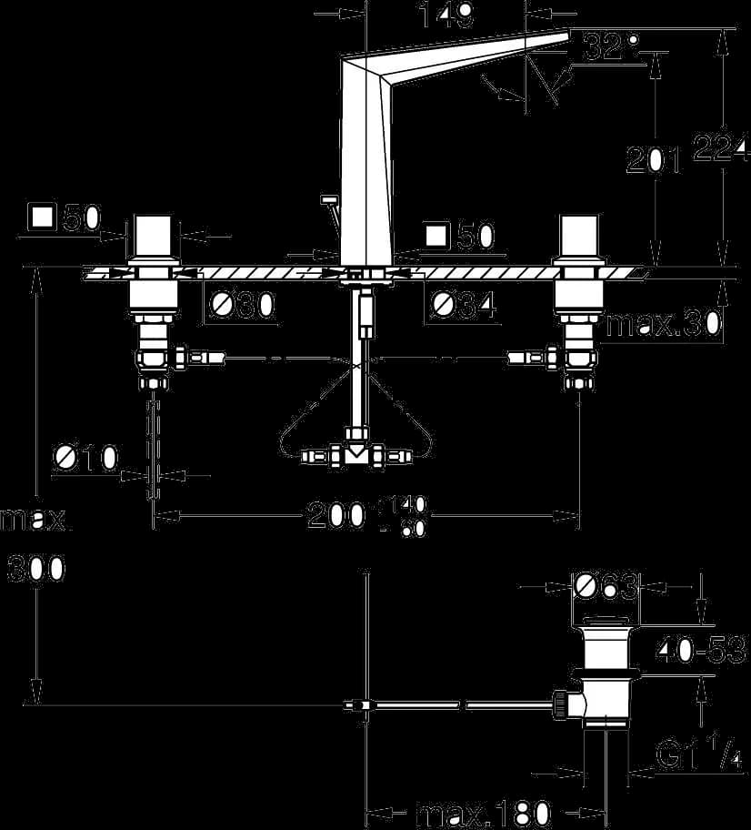GROHE Allure Brilliant Private Collection Baterie lavoar cu 3 găuri 1/2" Mărimea L - desen tehnic cu cote