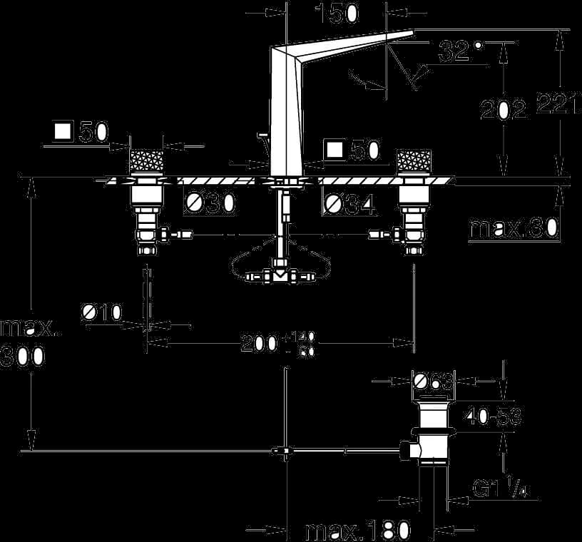 GROHE Allure Brilliant Private Collection Baterie lavoar cu 3 găuri 1/2" Mărimea L - desen tehnic cu cote