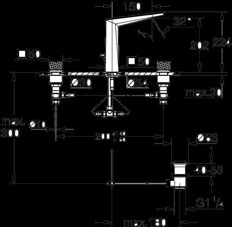 GROHE Allure Brilliant Private Collection Baterie lavoar cu 3 găuri 1/2" Mărimea L - desen tehnic cu cote