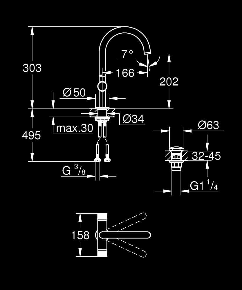 GROHE Atrio Private Collection Baterie lavoar pentru un orificiu, 1/2" Mărimea L - desen tehnic cu cote
