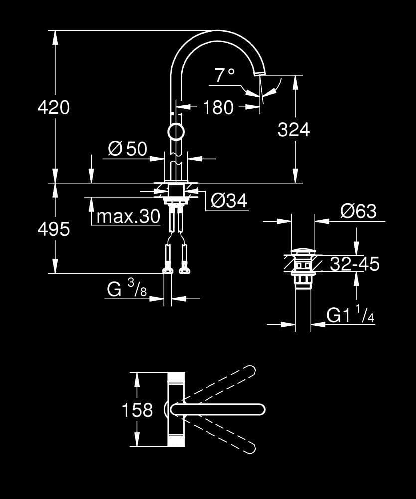 GROHE Atrio Private Collection Baterie lavoar pentru un orificiu, 1/2" Mărimea XL - desen tehnic cu cote
