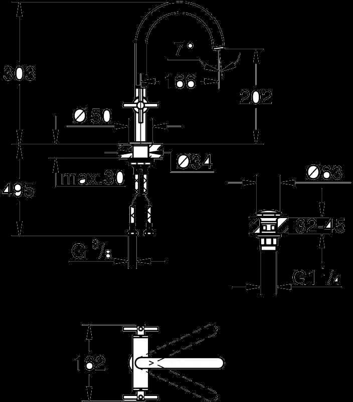 GROHE Atrio Baterie lavoar pentru un orificiu, 1/2" Mărimea L - desen tehnic cu cote