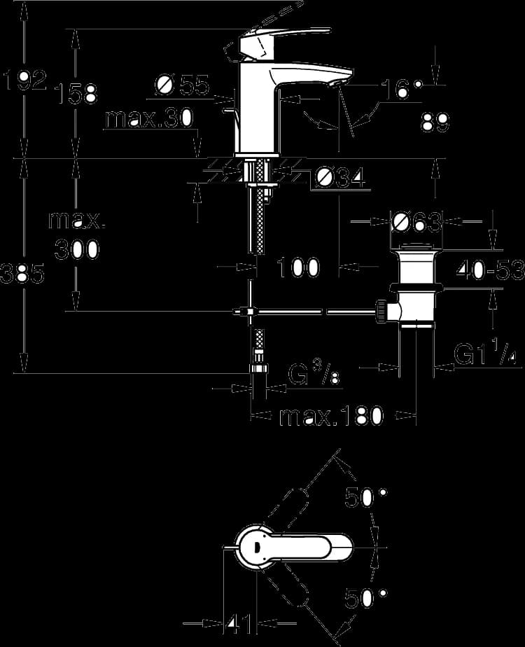 GROHE Eurostyle Cosmopolitan Baterie lavoar monocomandă 1/2" - desen tehnic cu cote
