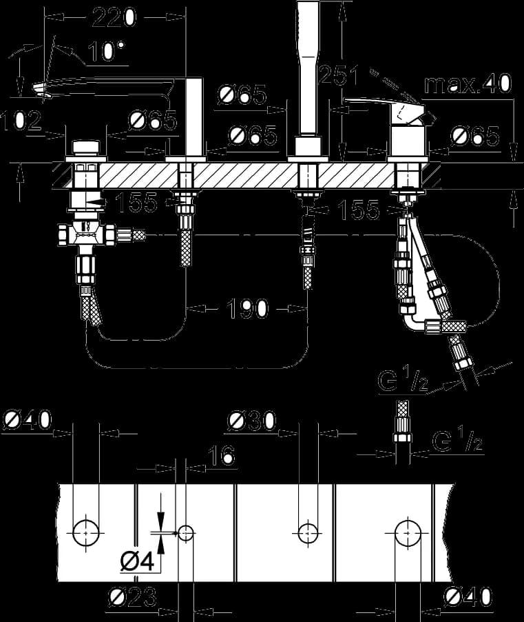 GROHE Eurostyle Cosmopolitan Baterie cadă monocomandă cu 4 găuri - desen tehnic cu cote
