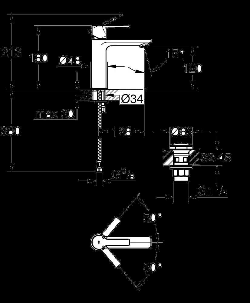 GROHE Lineare Baterie lavoar monocomandă 1/2" - desen tehnic cu cote