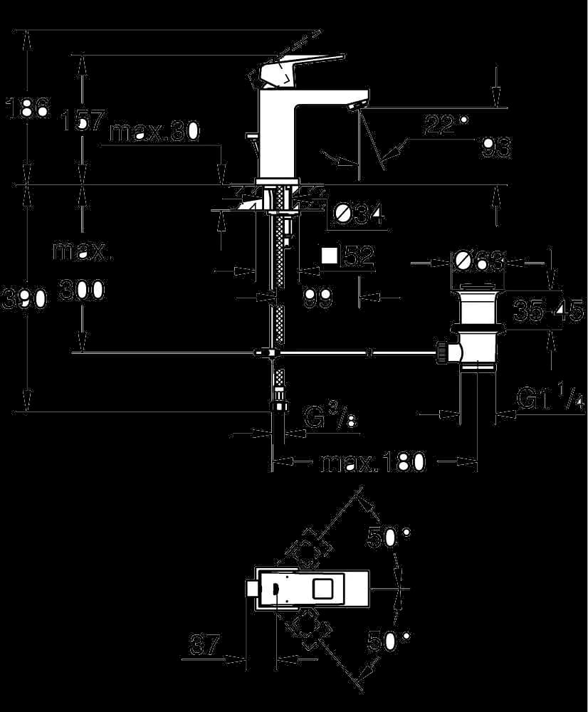 GROHE Eurocube Baterie lavoar monocomandă 1/2" - desen tehnic cu cote