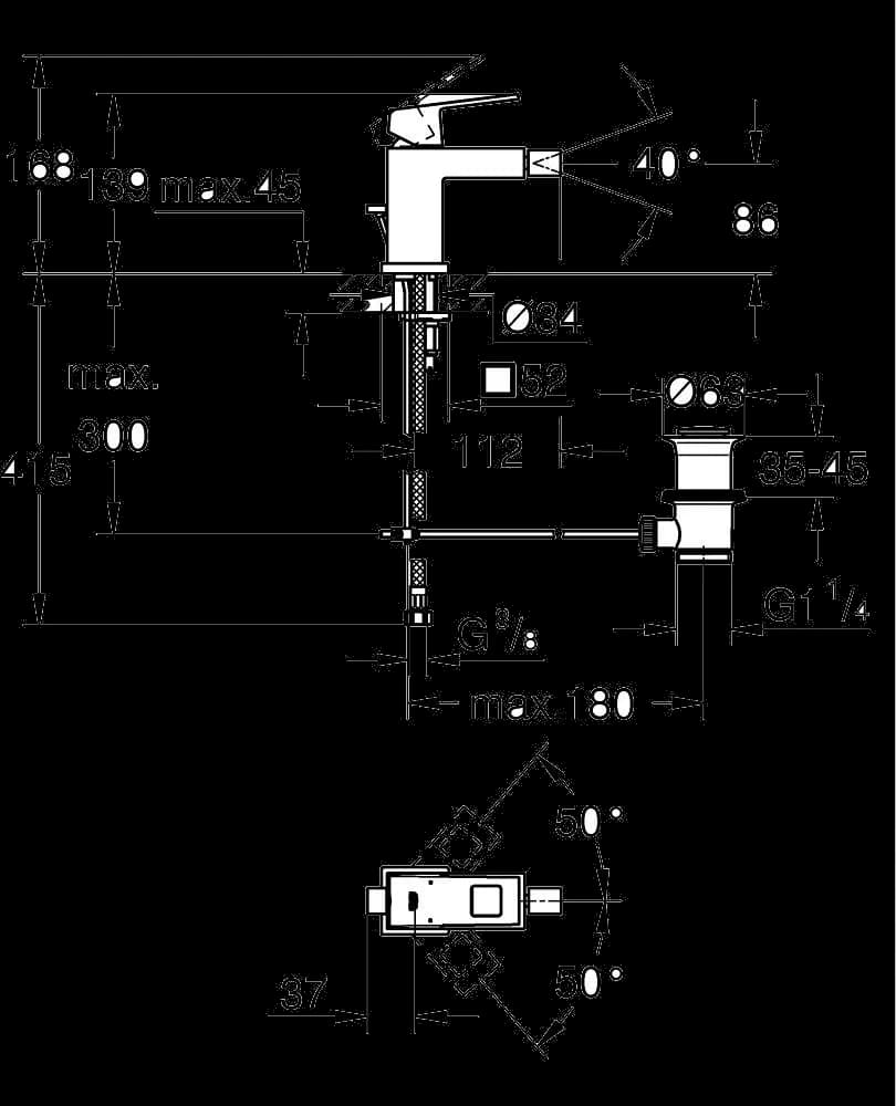 GROHE Eurocube Baterie bideu monocomandă 1/2" Mărimea S - desen tehnic cu cote