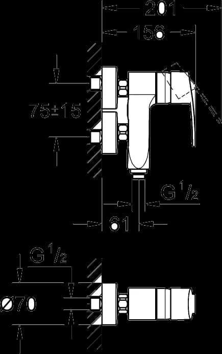 GROHE Eurostyle Cosmopolitan Vertica-Baterie cadă monocomandă 1/2" - desen tehnic cu cote