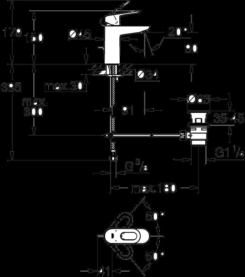 GROHE BauLoop Baterie lavoar monocomandă 1/2" - desen tehnic cu cote