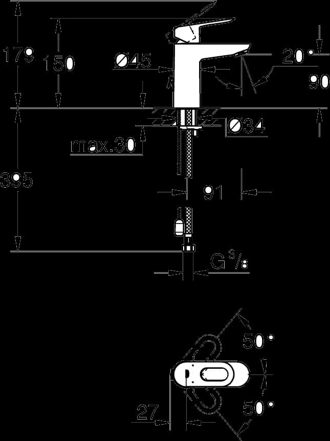 GROHE BauLoop Baterie lavoar monocomandă 1/2" - desen tehnic cu cote