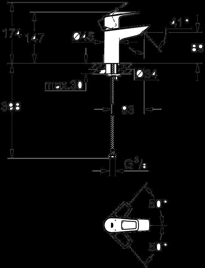 GROHE BauLoop Baterie lavoar monocomandă 1/2" - desen tehnic cu cote