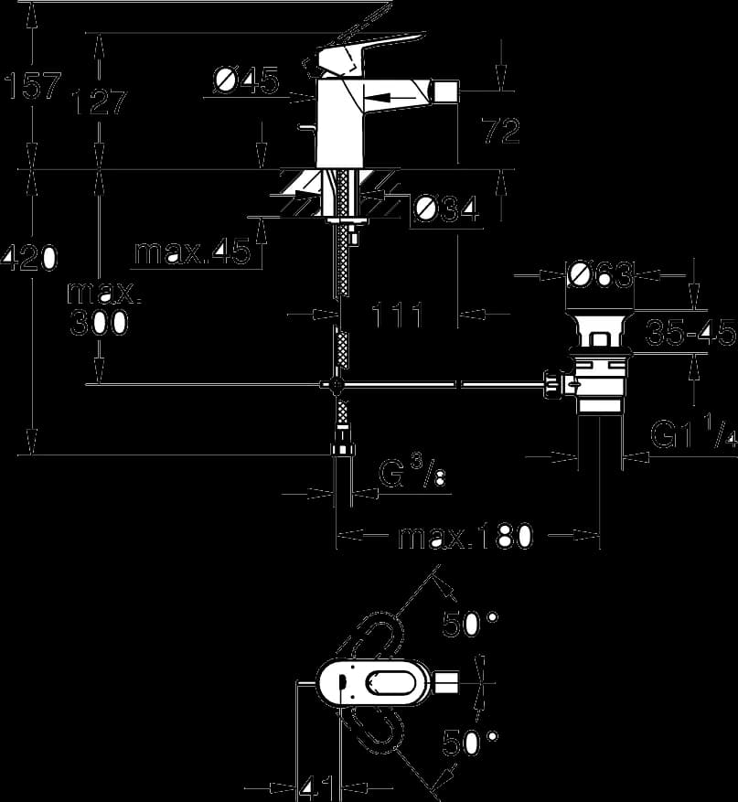 GROHE BauLoop Baterie bideu monocomandă 1/2" - desen tehnic cu cote