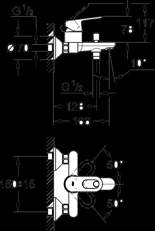 GROHE BauLoop Baterie cadă monocomandă 1/2" - desen tehnic cu cote