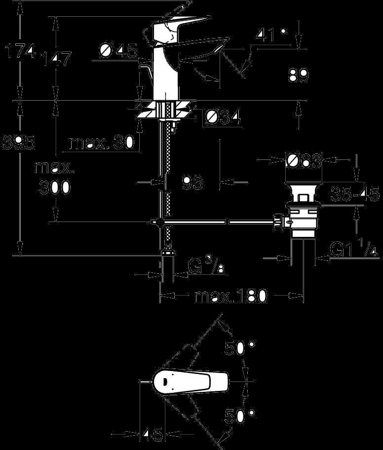 GROHE Start Edge Baterie lavoar monocomandă 1/2" - desen tehnic cu cote