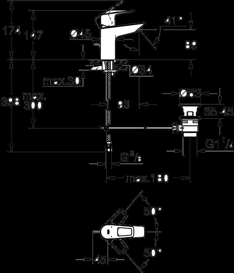GROHE Start Loop Baterie lavoar monocomandă 1/2" - desen tehnic cu cote