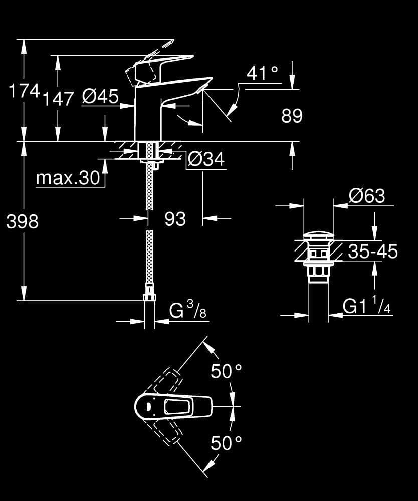 GROHE Start Loop Baterie lavoar monocomandă 1/2" - desen tehnic cu cote