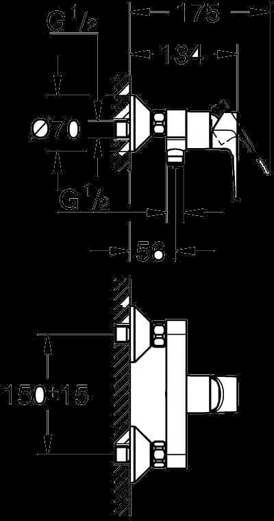 GROHE Start Loop Baterie duş monocomandă 1/2" - desen tehnic cu cote