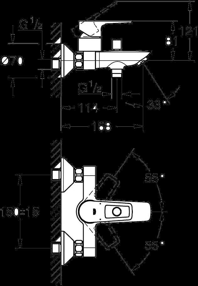GROHE Start Loop Baterie cadă monocomandă 1/2" - desen tehnic cu cote