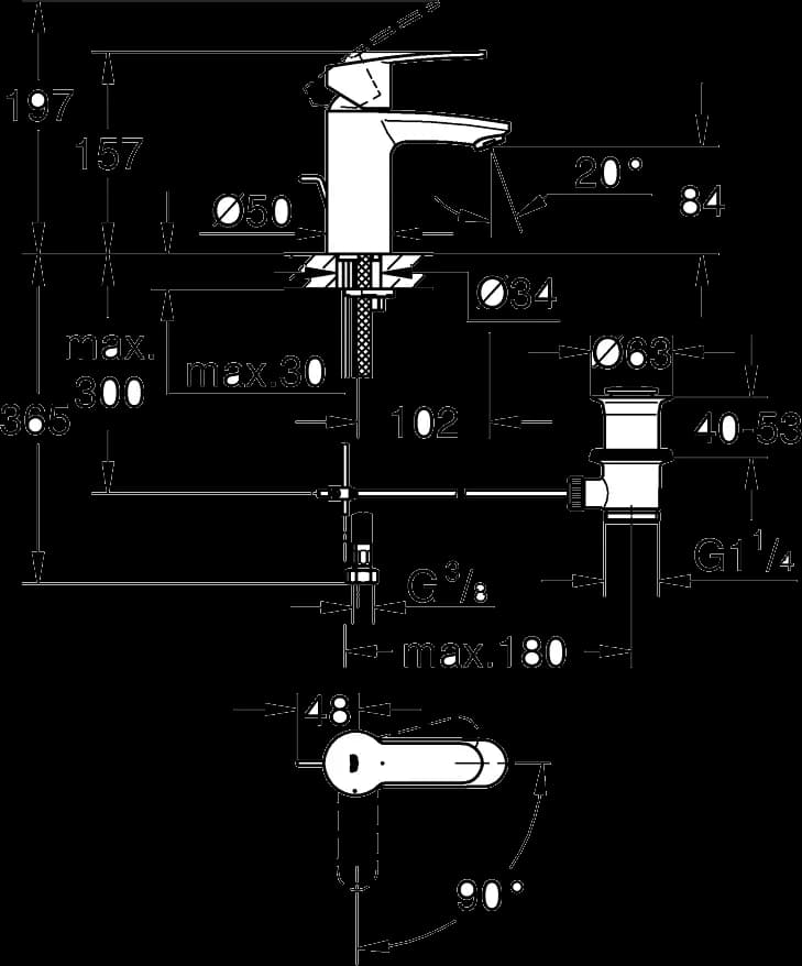 GROHE Eurostyle Cosmopolitan Baterie lavoar monocomandă 1/2" - desen tehnic cu cote