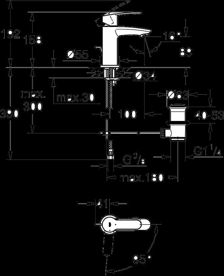 GROHE Eurostyle Cosmopolitan Baterie lavoar monocomandă 1/2" - desen tehnic cu cote